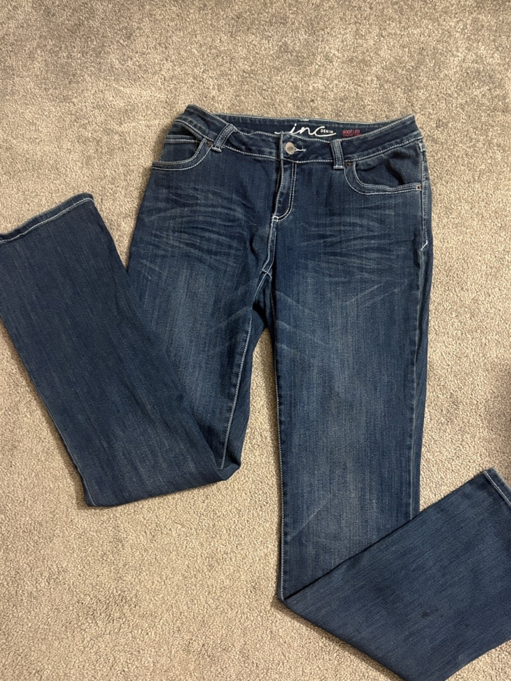 INC International Concepts Dark Blue Bootcut Jeans with Subtle Whiskering
